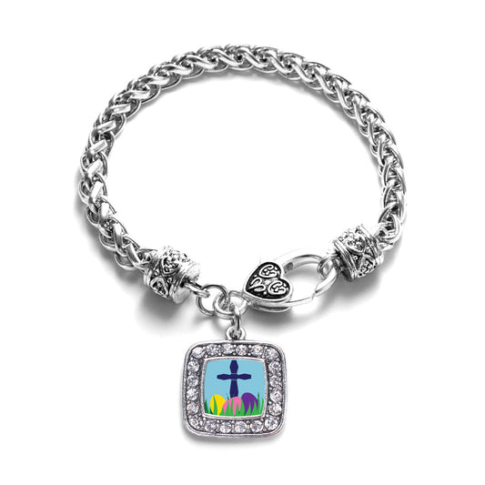 Silver Easter Cross & Eggs Square Charm Braided Bracelet