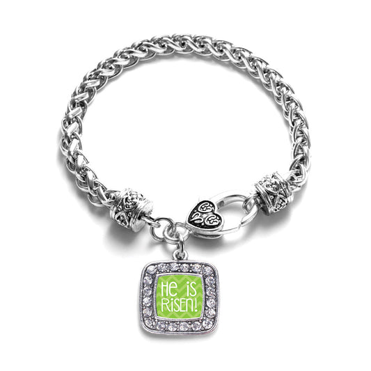 Silver He is Risen Green Chevron Patterned Square Charm Braided Bracelet