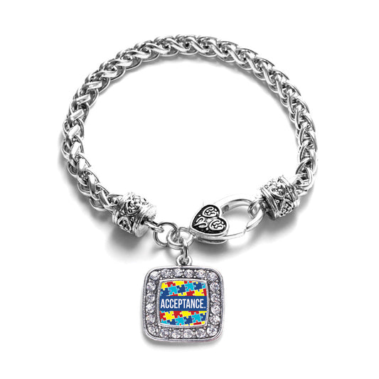 Silver Autism Acceptance Square Charm Braided Bracelet