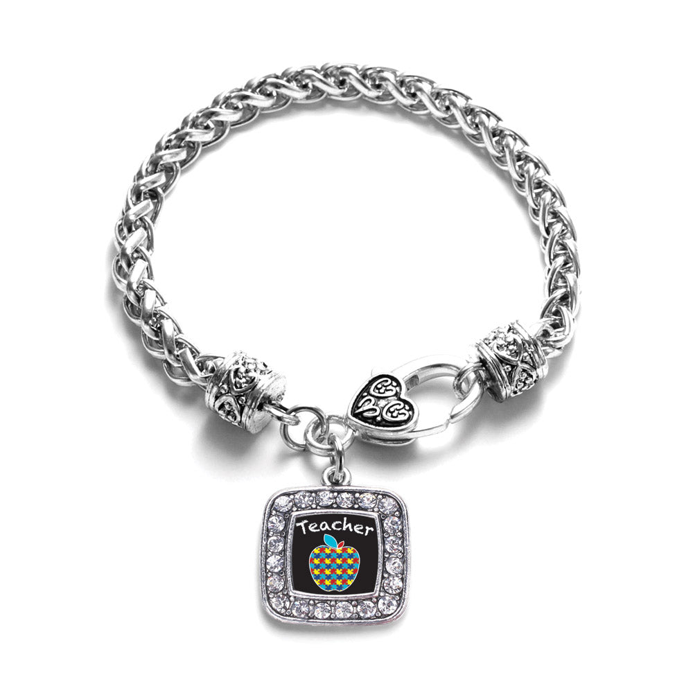 Silver Autism Apple Square Charm Braided Bracelet