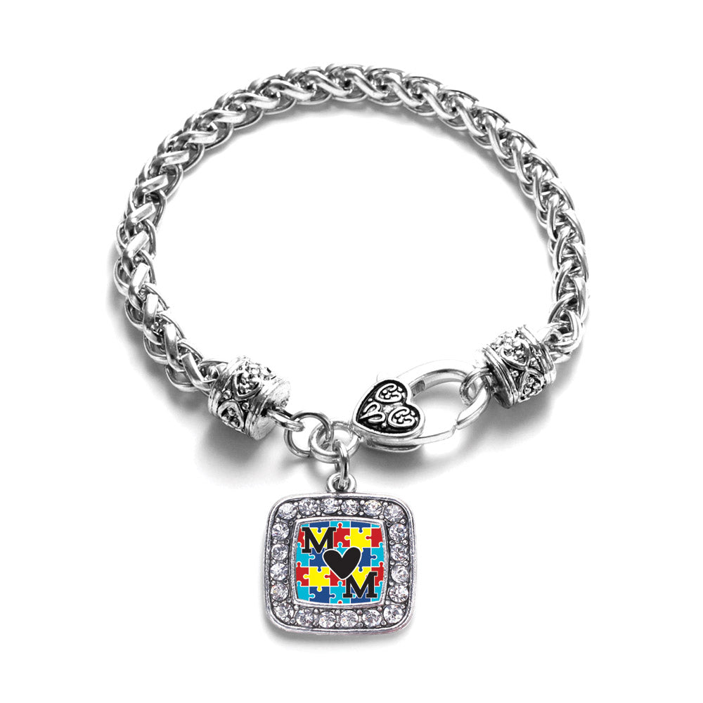 Silver Autism Mom Square Charm Braided Bracelet