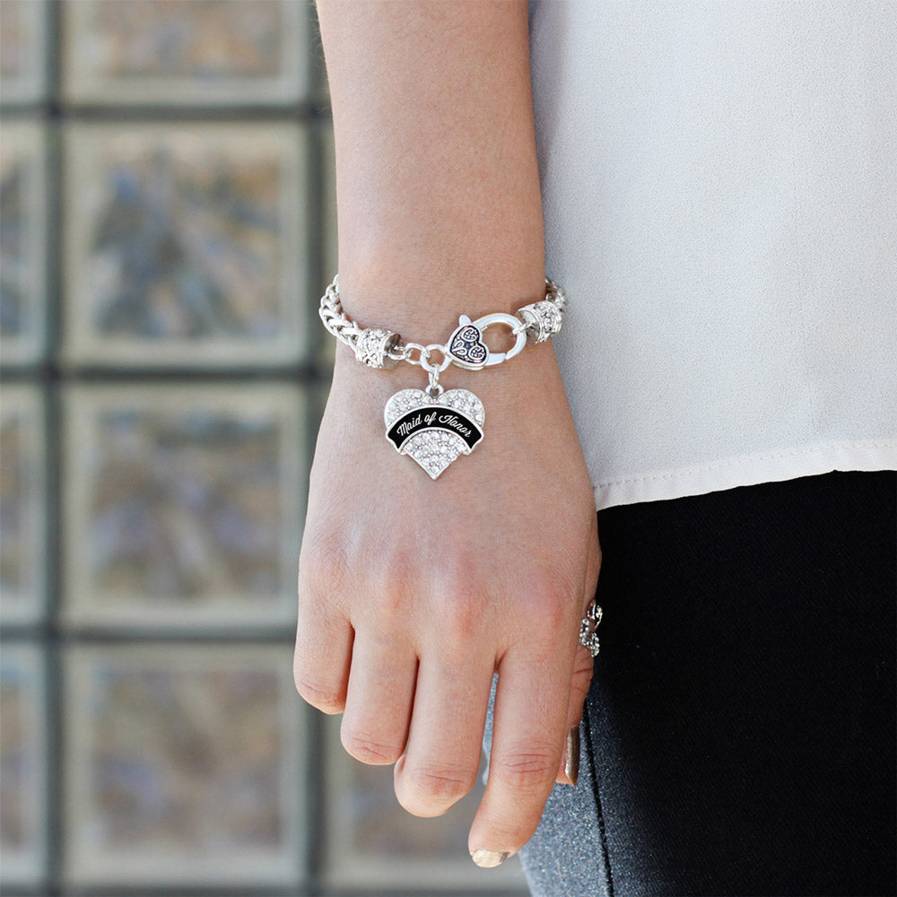 Silver Black and White Maid of Honor Pave Heart Charm Braided Bracelet