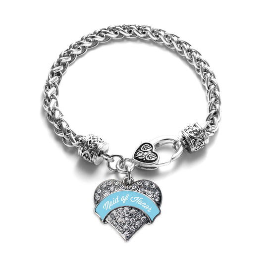 Silver Light Blue Maid of Honor Pave Heart Charm Braided Bracelet