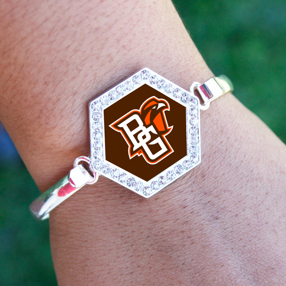 Silver Bowling Green University [NCAA] Hexagon Charm Bangle Bracelet