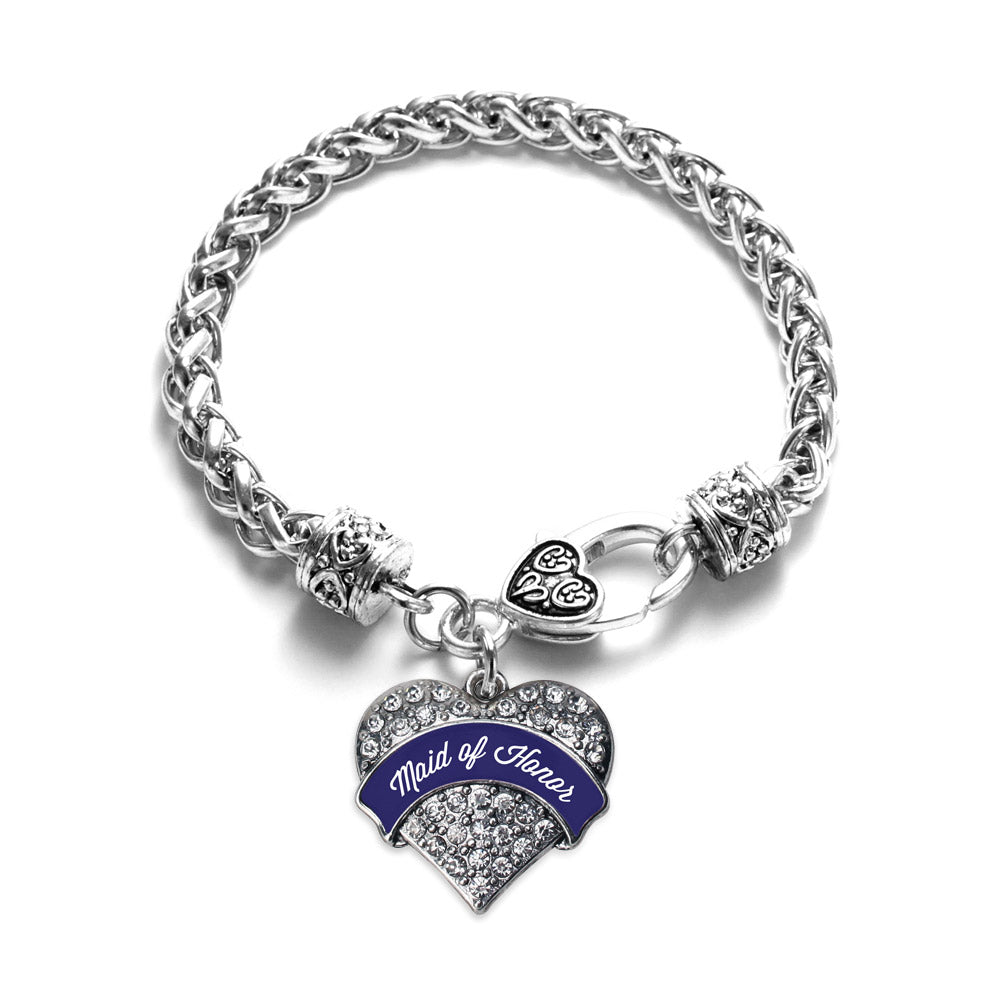 Silver Navy Blue Maid of Honor Pave Heart Charm Braided Bracelet