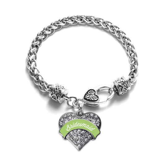 Silver Sage Green Bridesmaid Pave Heart Charm Braided Bracelet