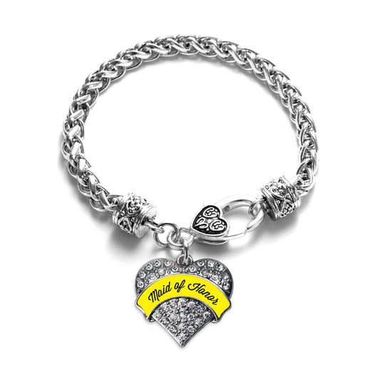 Silver Yellow Maid of Honor Pave Heart Charm Braided Bracelet