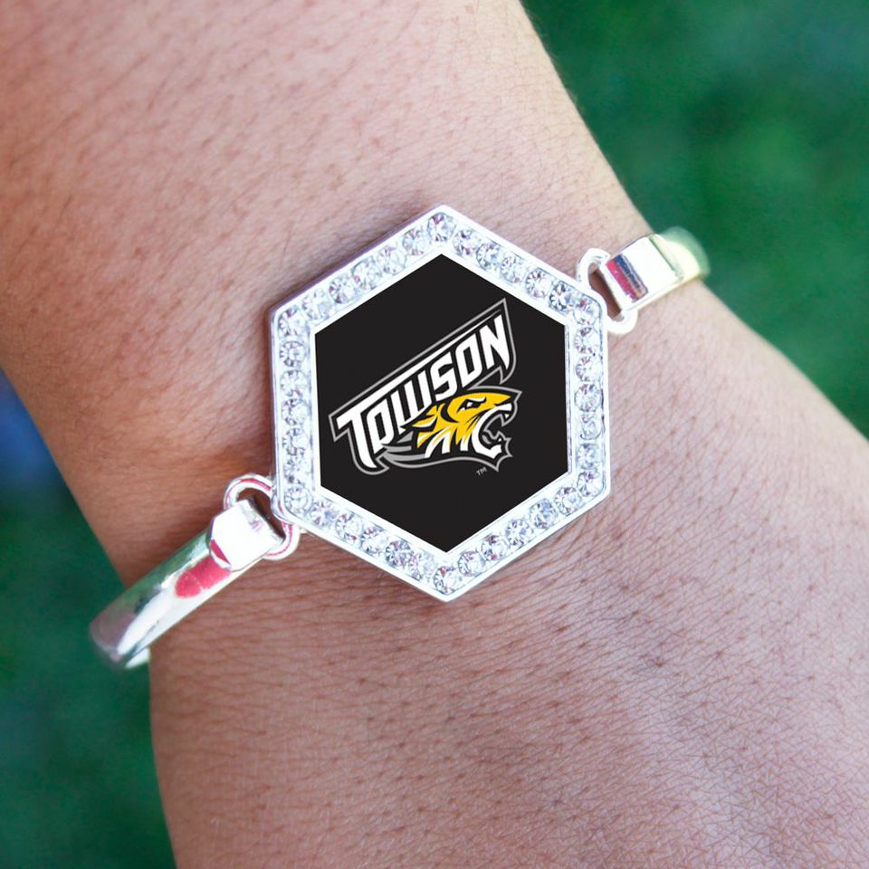 Silver Towson University [NCAA] Hexagon Charm Bangle Bracelet