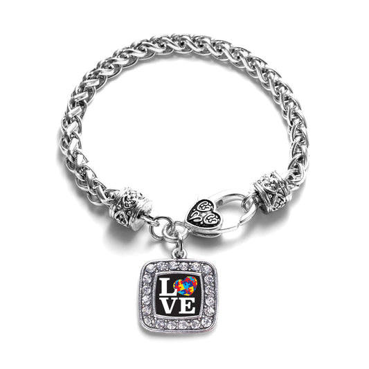 Silver Love Autism Awareness Square Charm Braided Bracelet