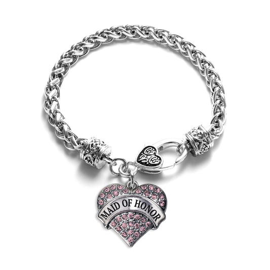 Silver Pink Maid of Honor Pink Pave Heart Charm Braided Bracelet