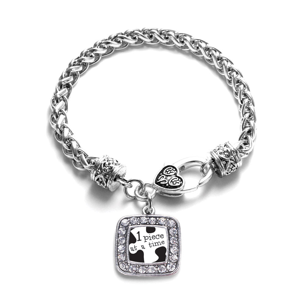 Silver One Piece at a Time Autism Awareness Square Charm Braided Bracelet