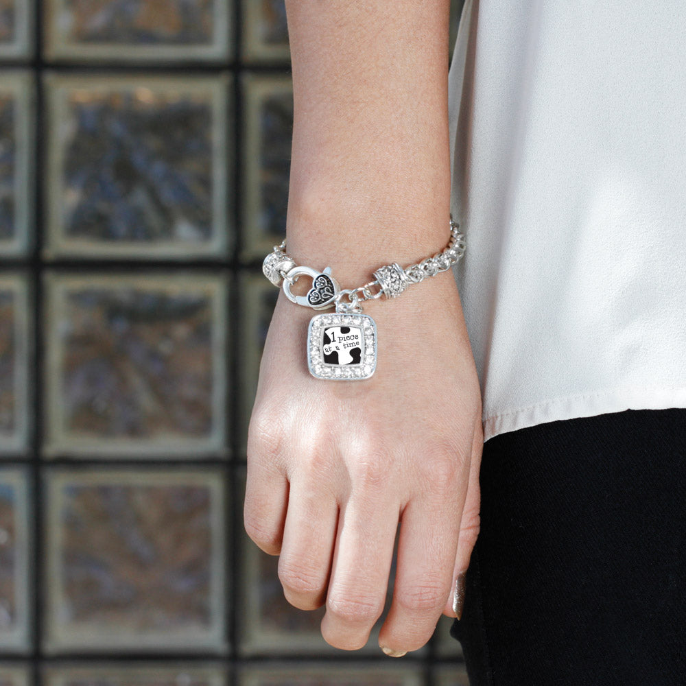 Silver One Piece at a Time Autism Awareness Square Charm Braided Bracelet