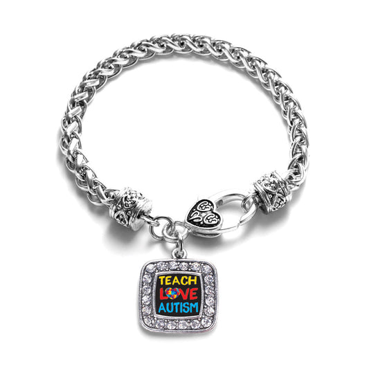 Silver Teach Love Autism Awareness Square Charm Braided Bracelet
