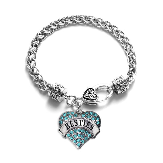 Silver Teal Besties Aqua Pave Heart Charm Braided Bracelet