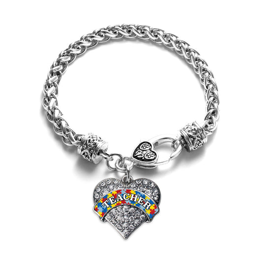 Silver Autism Teacher Pave Heart Charm Braided Bracelet