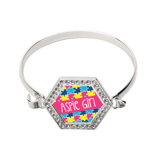 Silver Aspie Girl Hexagon Charm Bangle Bracelet