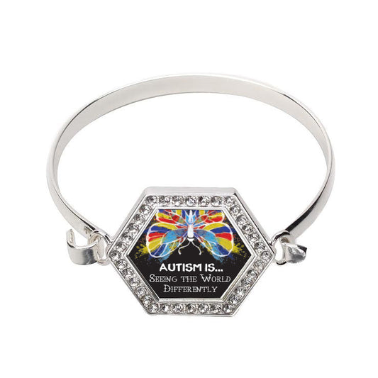 Silver Autism Acceptance Hexagon Charm Bangle Bracelet