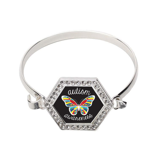 Silver Autism Butterfly Hexagon Charm Bangle Bracelet