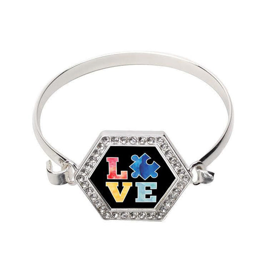 Silver Autism Love Hexagon Charm Bangle Bracelet