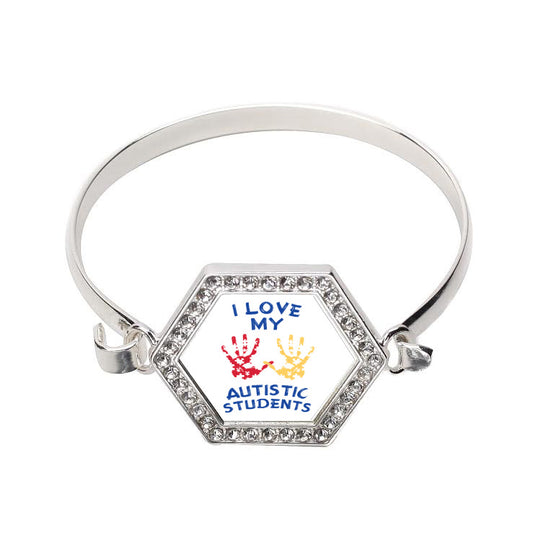 Silver Love my Autistic Students Hexagon Charm Bangle Bracelet