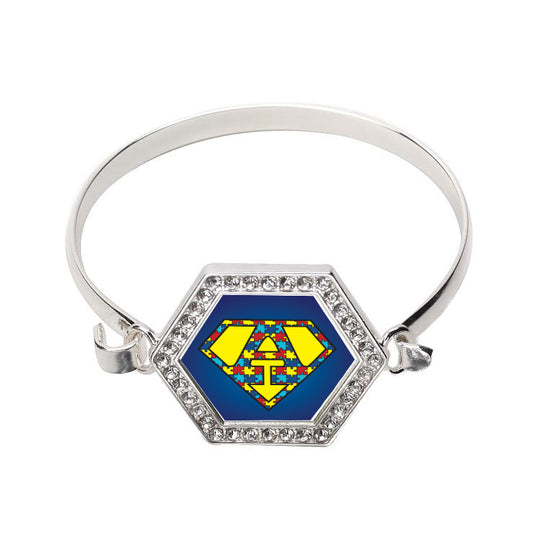 Silver Super Autism Hexagon Charm Bangle Bracelet