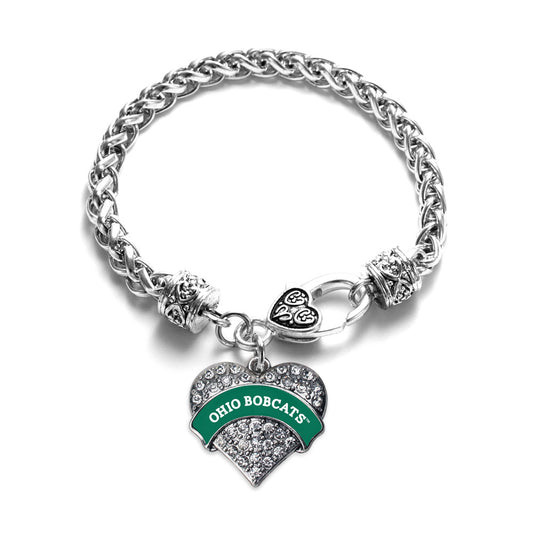 Silver Ohio University Bobcats [NCAA] Pave Heart Charm Braided Bracelet