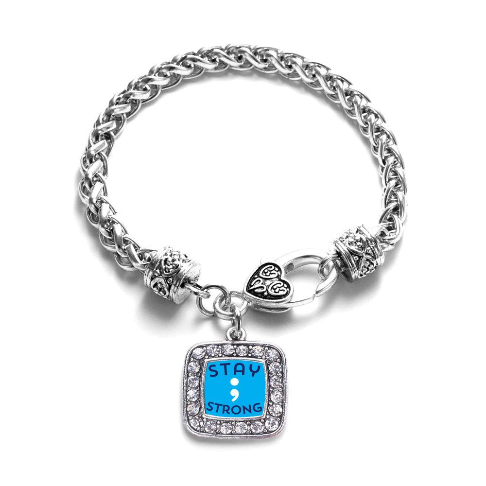 Silver Stay Strong Semicolon Movement Square Charm Braided Bracelet