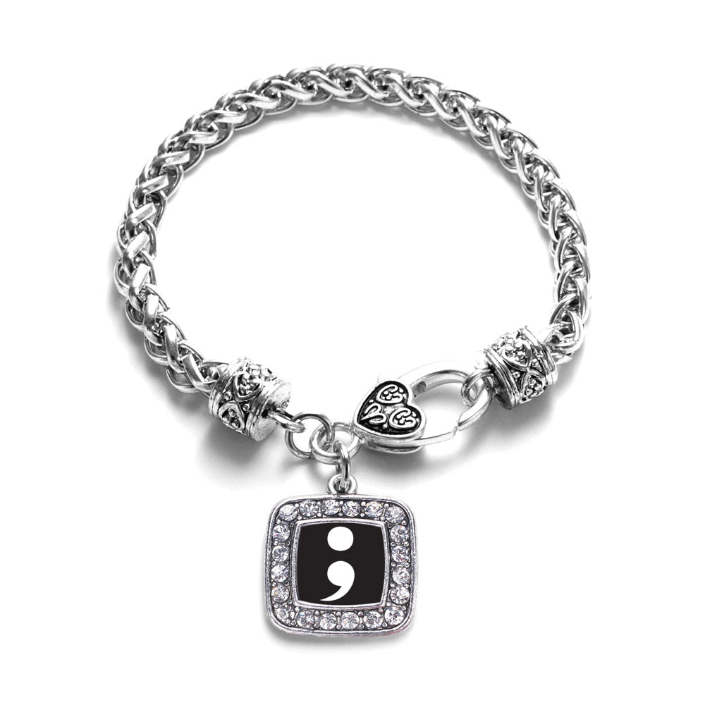 Silver Semicolon Movement Square Charm Braided Bracelet