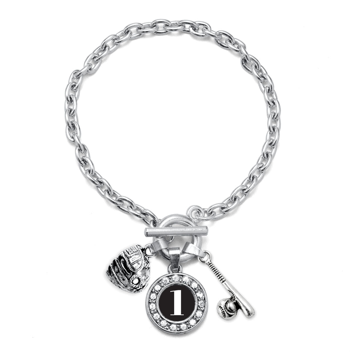 Silver Baseball/Softball - Sports Number 1 Circle Charm Toggle Bracelet