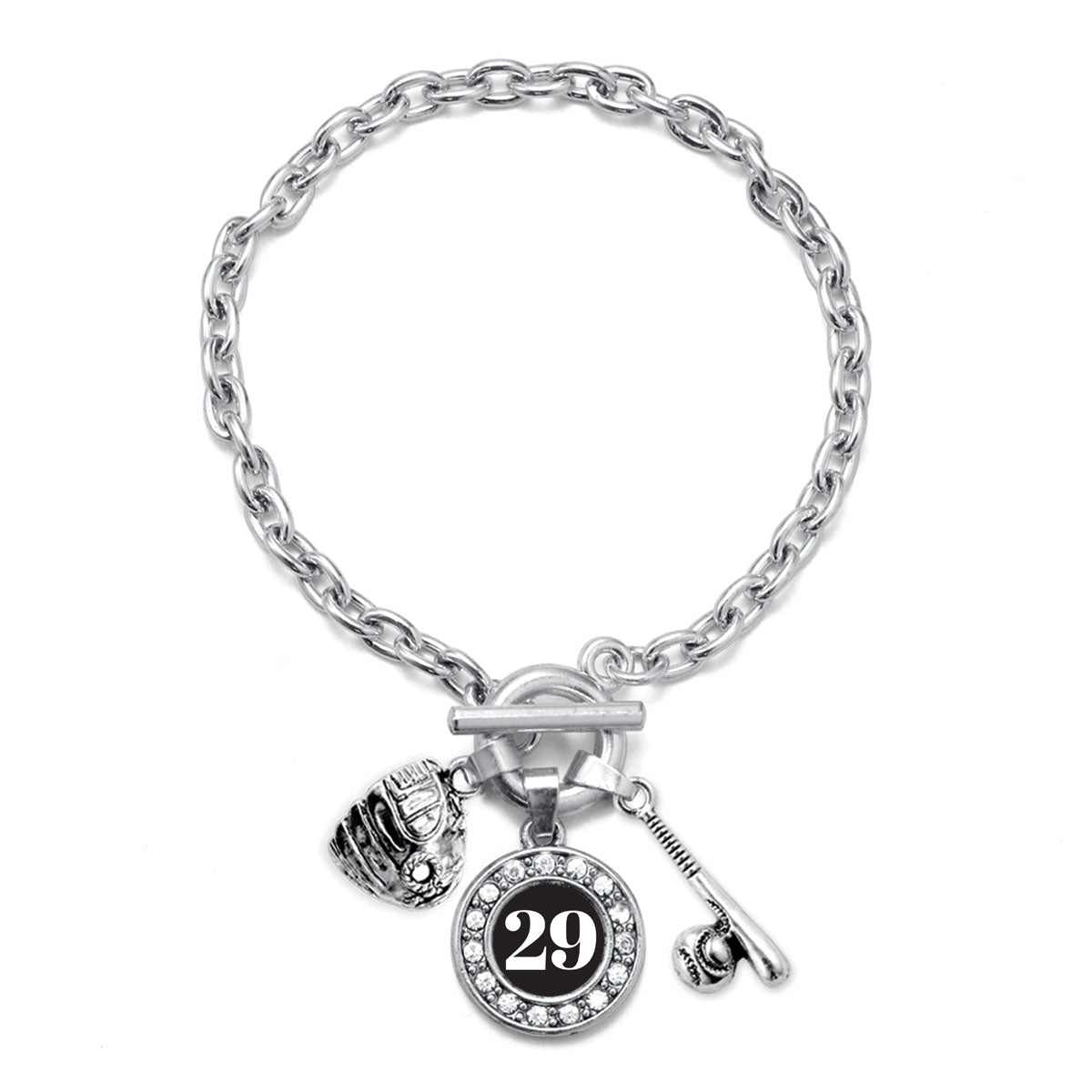 Silver Baseball/Softball - Sports Number 29 Circle Charm Toggle Bracelet