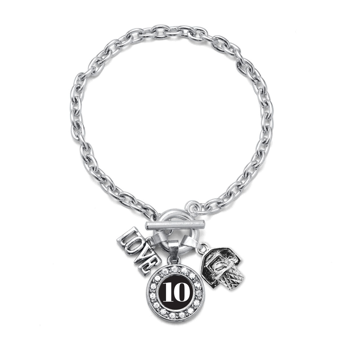 Silver Basketball Hoop - Sports Number 10 Circle Charm Toggle Bracelet