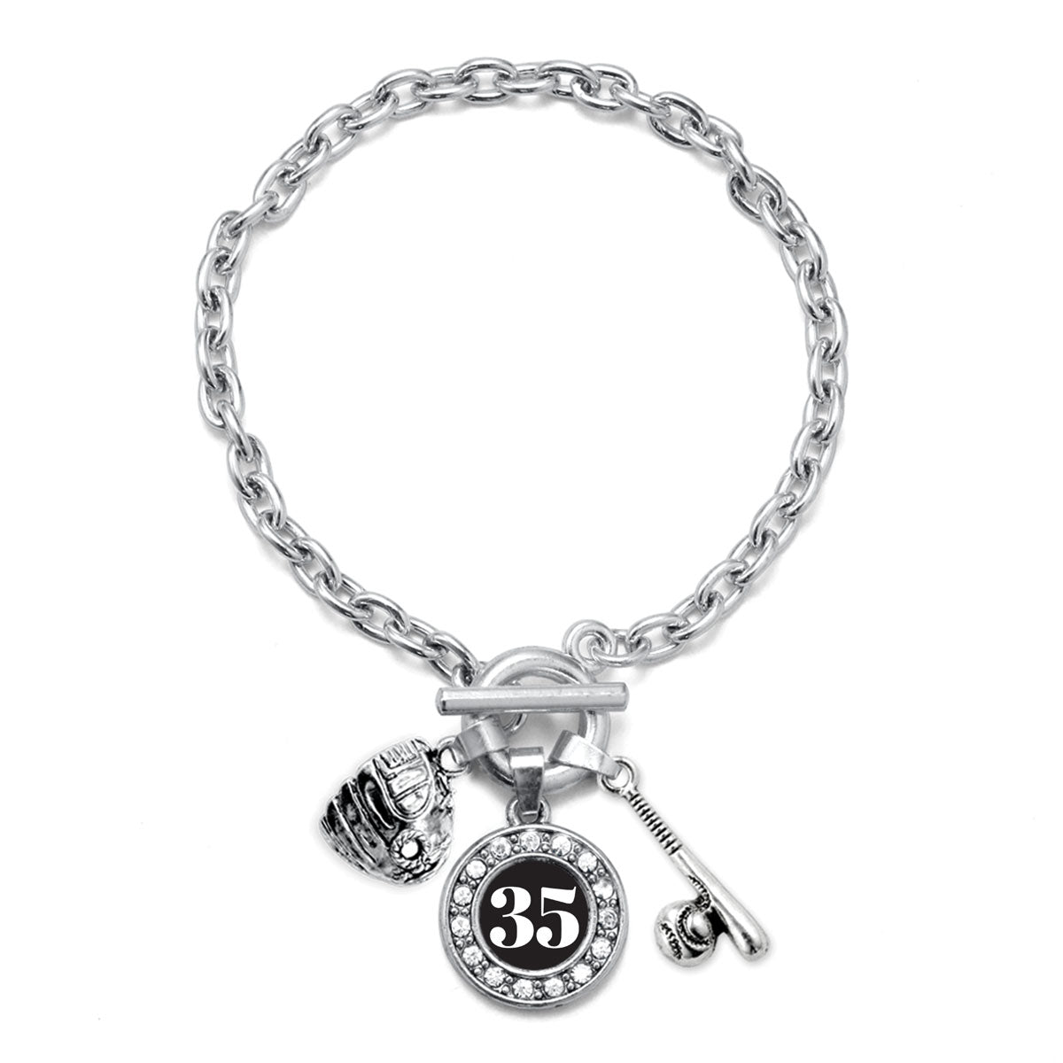 Silver Baseball/Softball - Sports Number 35 Circle Charm Toggle Bracelet
