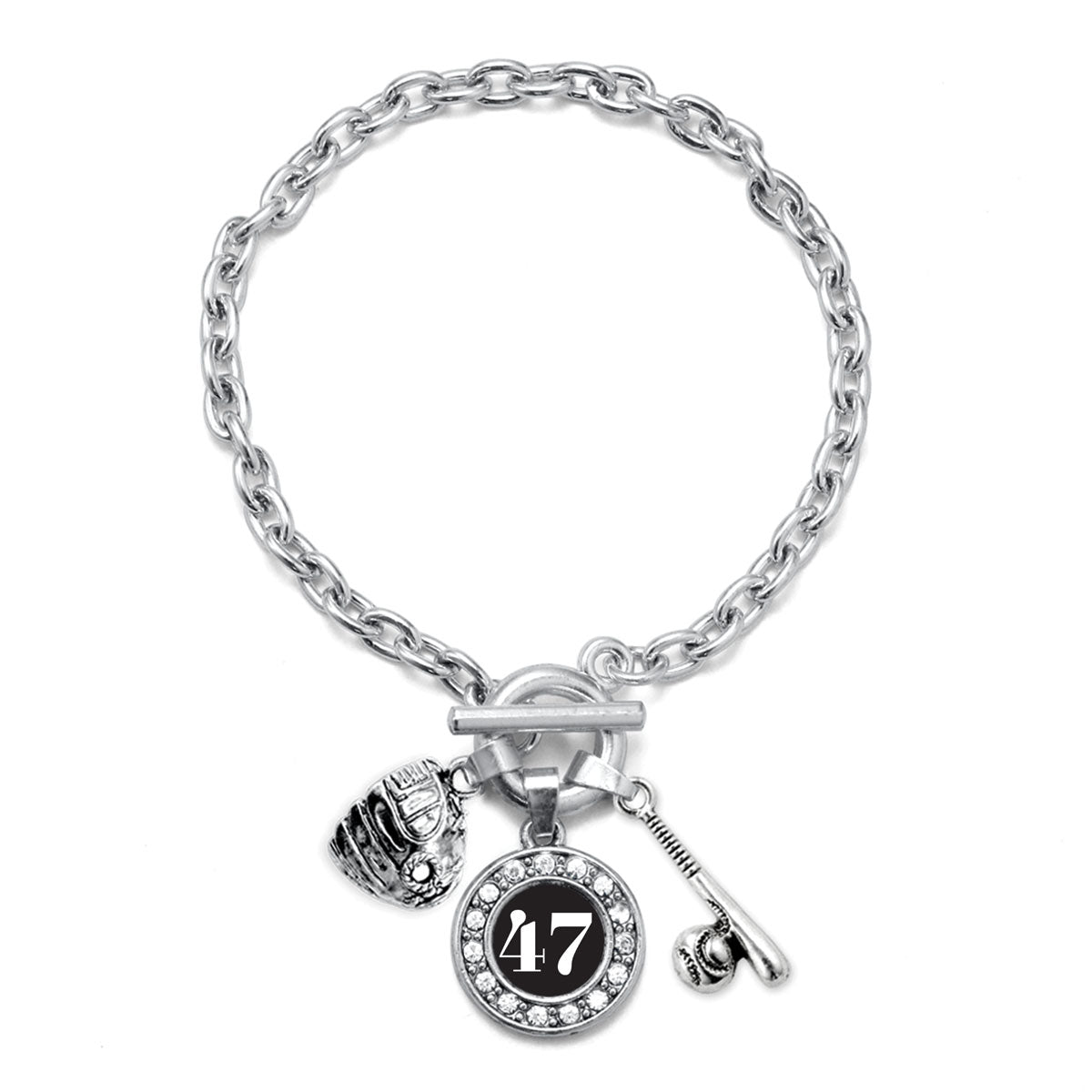Silver Baseball/Softball - Sports Number 47 Circle Charm Toggle Bracelet