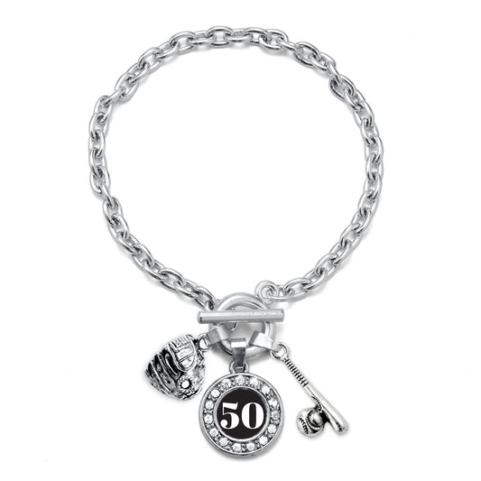 Silver Baseball/Softball - Sports Number 50 Circle Charm Toggle Bracelet