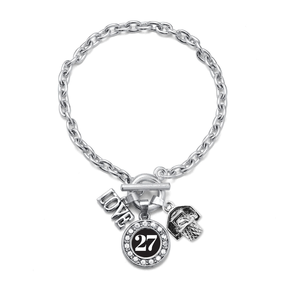 Silver Basketball Hoop - Sports Number 27 Circle Charm Toggle Bracelet