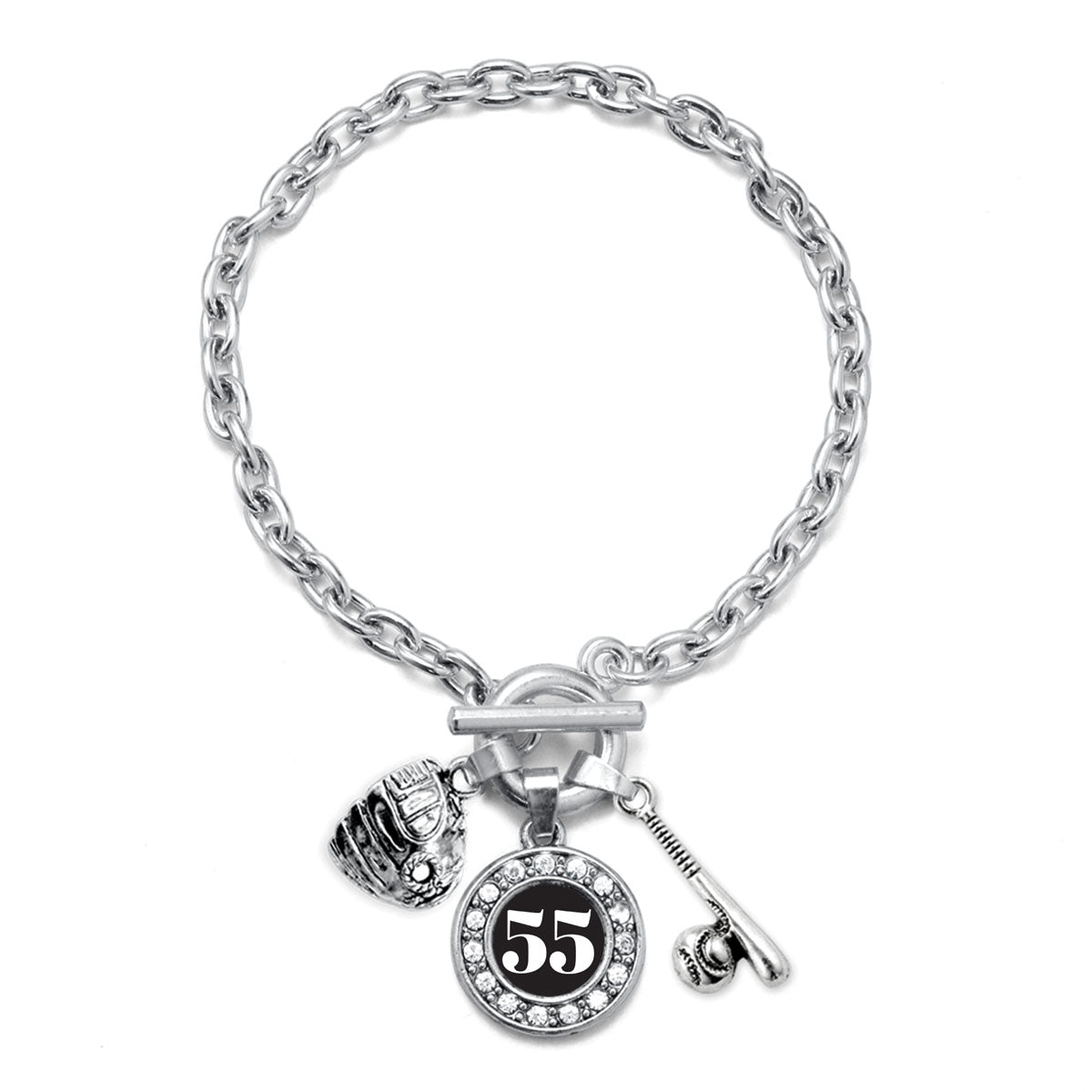 Silver Baseball/Softball - Sports Number 55 Circle Charm Toggle Bracelet