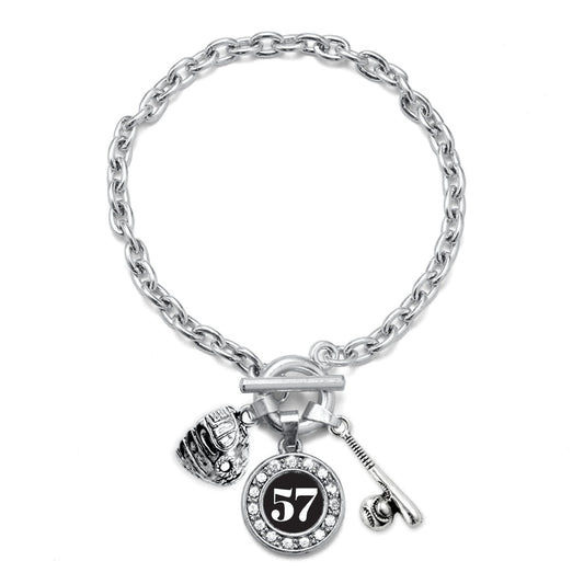 Silver Baseball/Softball - Sports Number 57 Circle Charm Toggle Bracelet