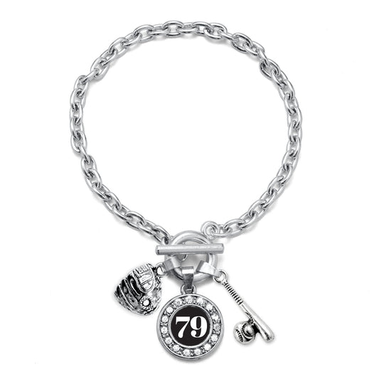 Silver Baseball/Softball - Sports Number 79 Circle Charm Toggle Bracelet