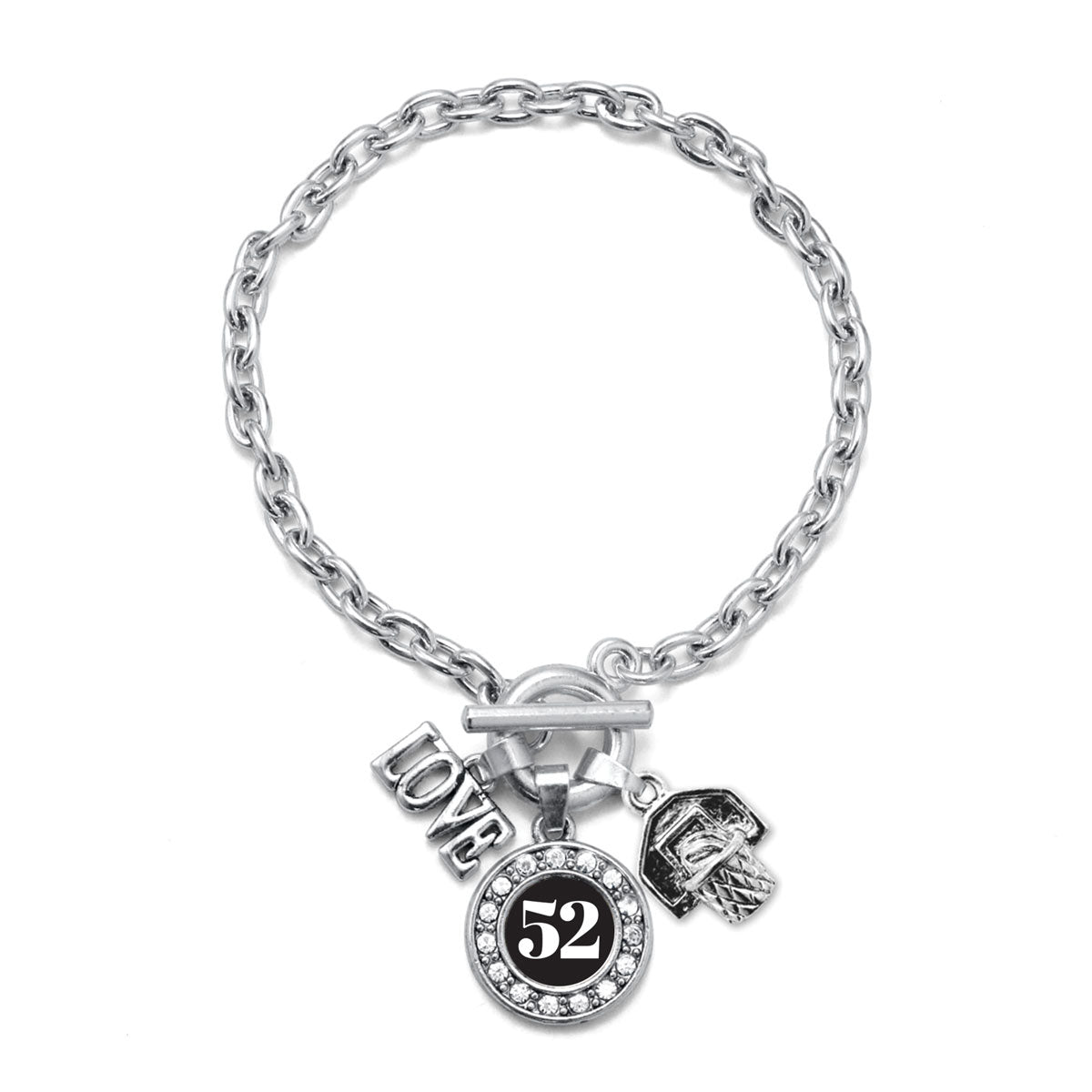 Silver Basketball Hoop - Sports Number 52 Circle Charm Toggle Bracelet