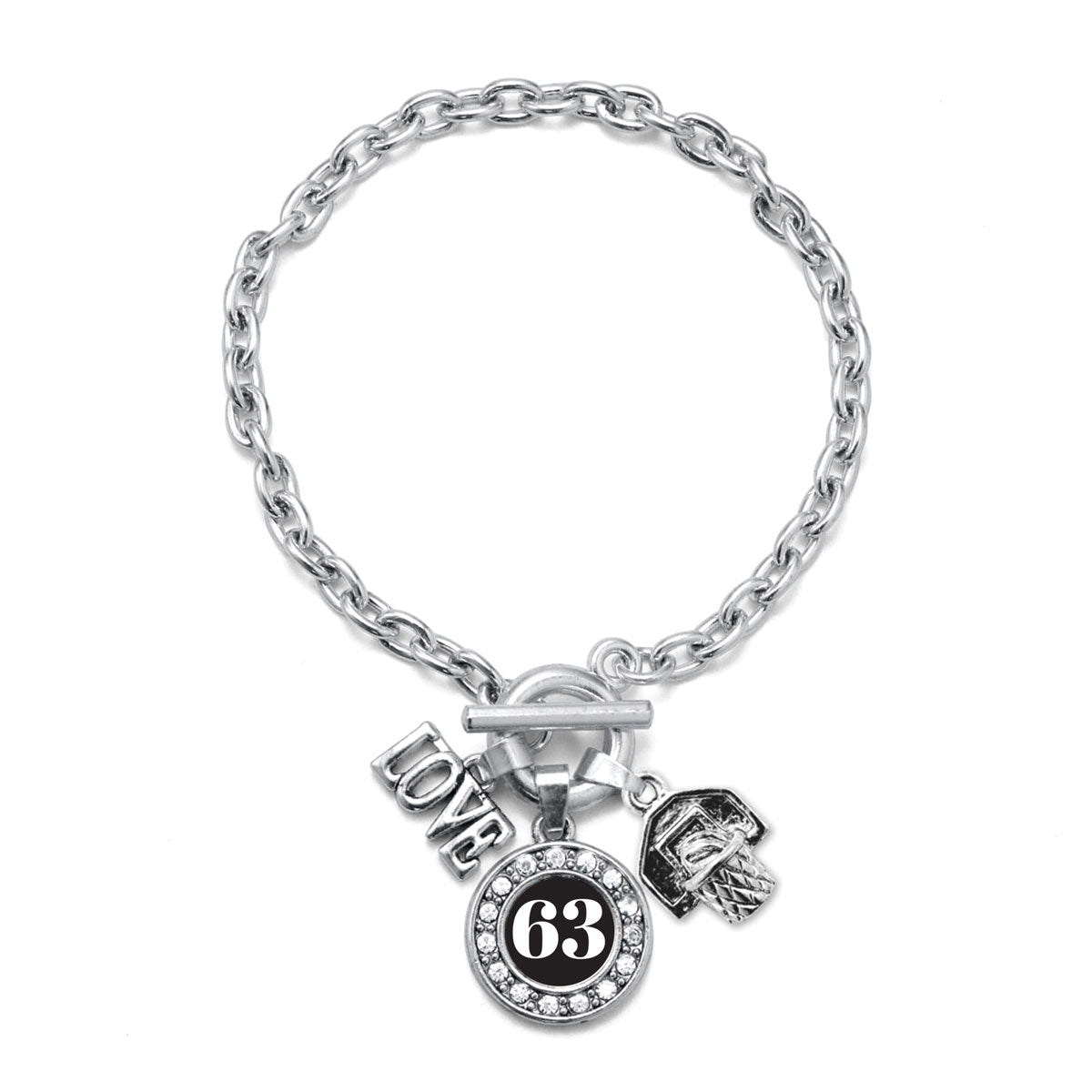 Silver Basketball Hoop - Sports Number 63 Circle Charm Toggle Bracelet