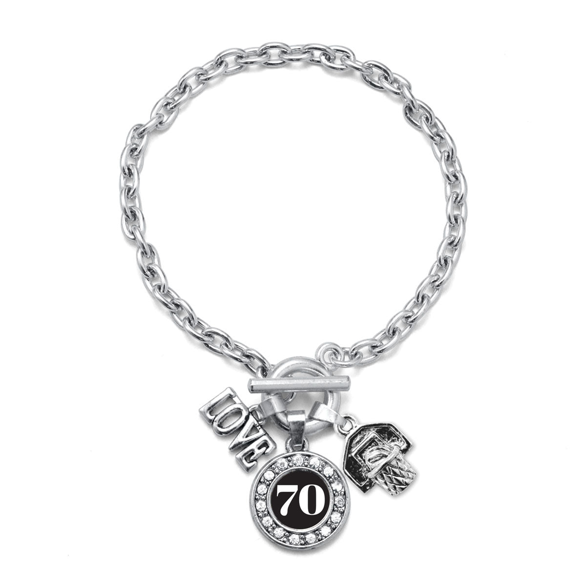 Silver Basketball Hoop - Sports Number 70 Circle Charm Toggle Bracelet