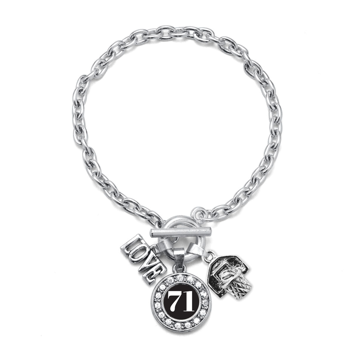 Silver Basketball Hoop - Sports Number 71 Circle Charm Toggle Bracelet