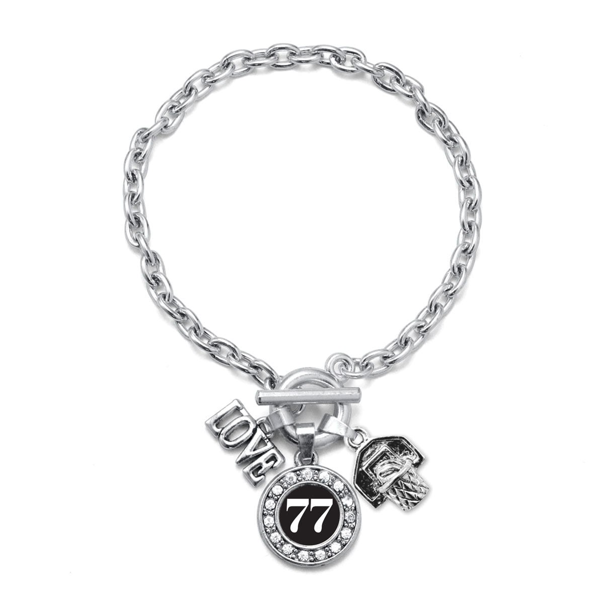 Silver Basketball Hoop - Sports Number 77 Circle Charm Toggle Bracelet
