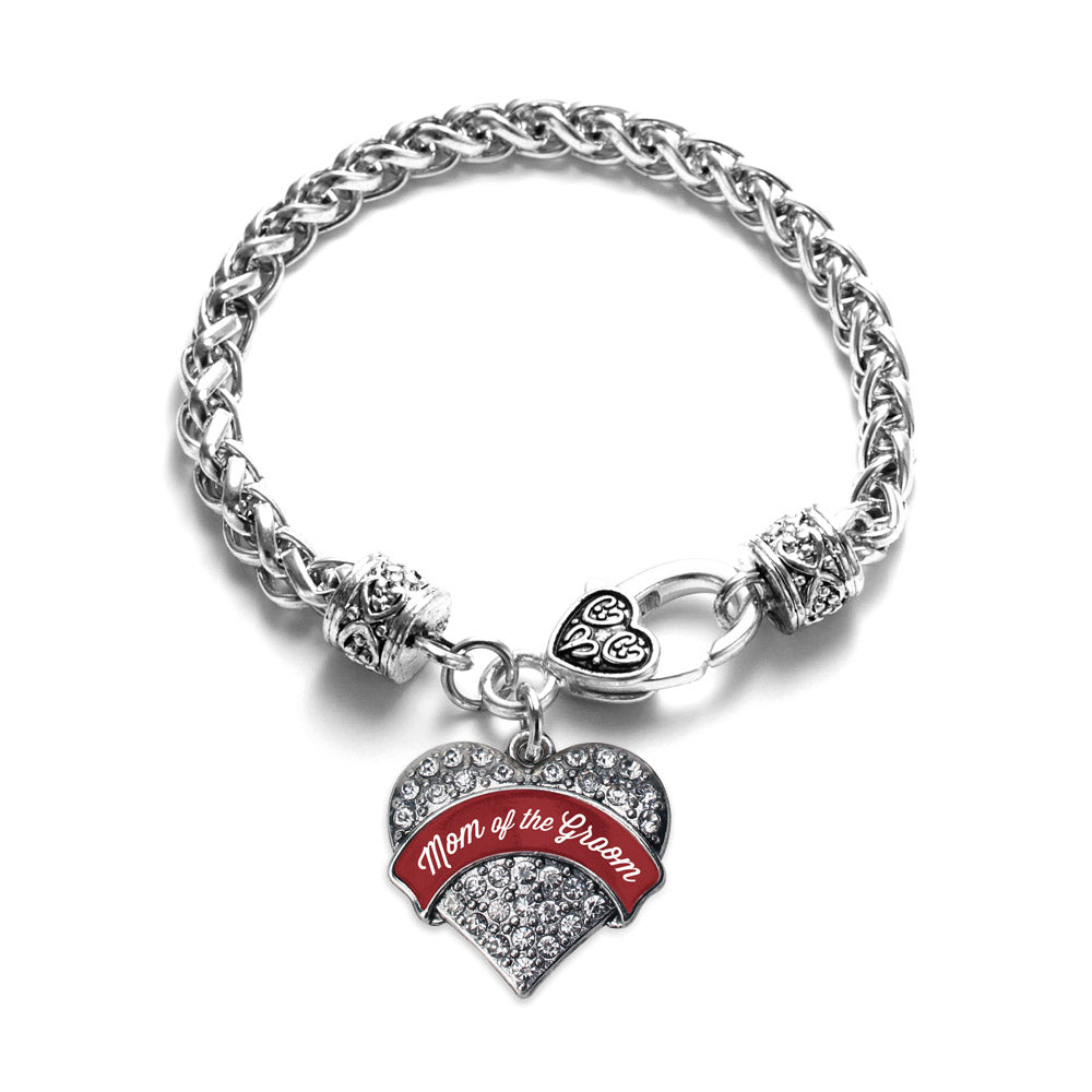 Silver Crimson Red Mom of the Groom Pave Heart Charm Braided Bracelet