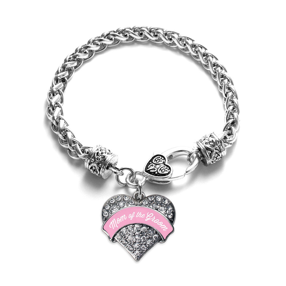 Silver Light Pink Mom of the Groom Pave Heart Charm Braided Bracelet