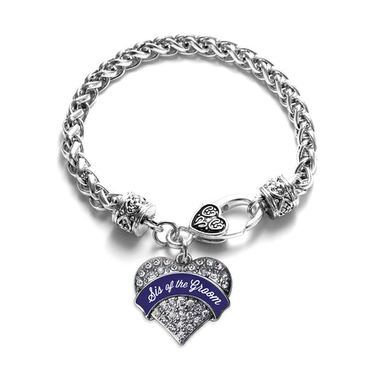 Silver Navy Blue Sis of the Groom Pave Heart Charm Braided Bracelet