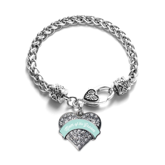 Silver Mint Mom of Groom Pave Heart Charm Braided Bracelet