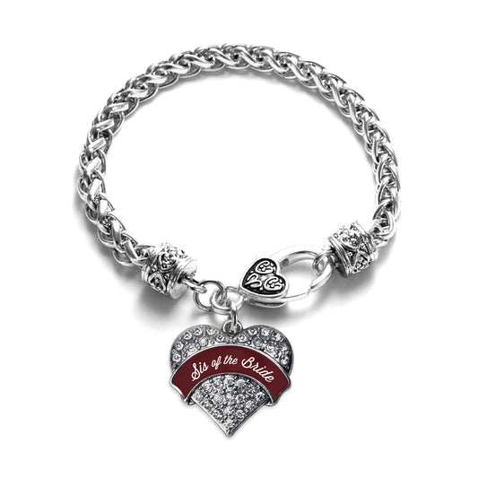 Silver Burgundy Sis of the Bride Pave Heart Charm Braided Bracelet