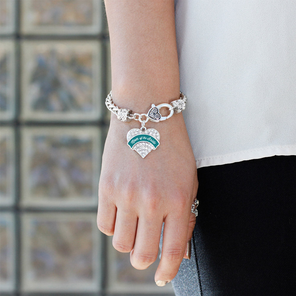 Silver Dark Teal Mom of Bride Pave Heart Charm Braided Bracelet
