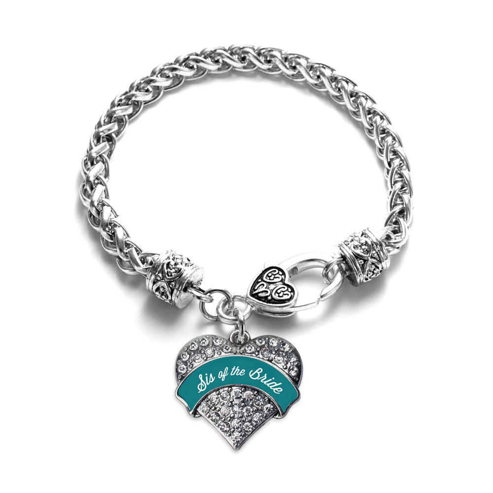 Silver Dark Teal Sis of Bride Pave Heart Charm Braided Bracelet